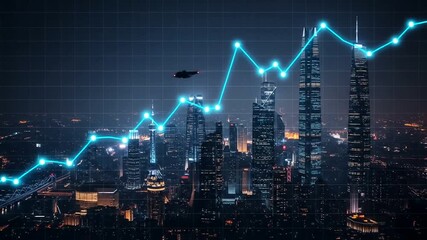 Abstract futuristic cityscape with rising graph symbolizing economic growth concept - Powered by Adobe