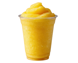 Refreshing yellow mango slush, tropical drink in cup. cold, sweet fruit beverage and delicious frozen smoothie perfect for summer. Isolated food element with no background