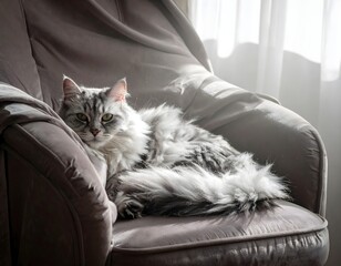A fluffy gray and white cat lounges comfortably on a plush armchair, bathed in soft natural light streaming from a nearby window.