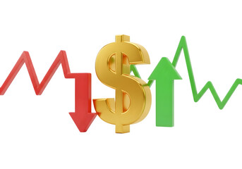 Obraz premium Image of super premium transparent photo of golden dollar sign with red downward arrow and green upward arrow, representing financial market fluctuation, isolated on transparent background