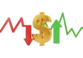 Image of super premium transparent photo of golden dollar sign with red downward arrow and green upward arrow, representing financial market fluctuation, isolated on transparent background