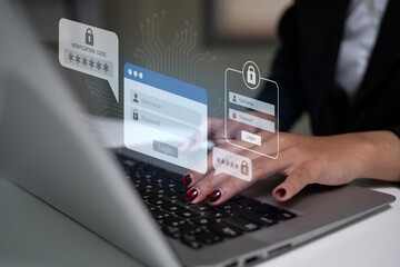 Data protection and online privacy showing secure login process with futuristic digital interface