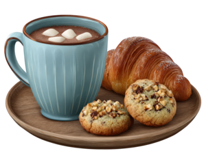Cozy winter breakfast with blue mug of hot chocolate cocoa drink with marshmallow, fresh croissant, and cookie. comforting and delicious morning treat