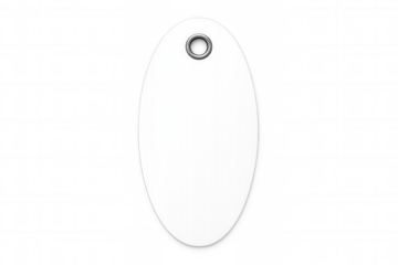 Blank oval tag with metal grommet, white price label mockup for sales and branding, transparent background