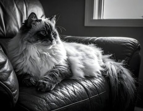 A beautiful long-haired cat with striking blue eyes rests on a comfortable leather armchair.