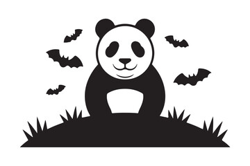 Fototapeta premium Whimsical panda silhouette with flying bats and grassy hilltop for halloween silhouette