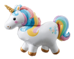 Cute colorful rainbow unicorn balloon, whimsical fantasy party decoration. This joyful inflatable perfect for any birthday celebration, bringing magical fun to an event