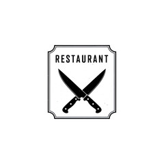 A classic black and white restaurant logo featuring two crossed chef knives inside a decorative frame.