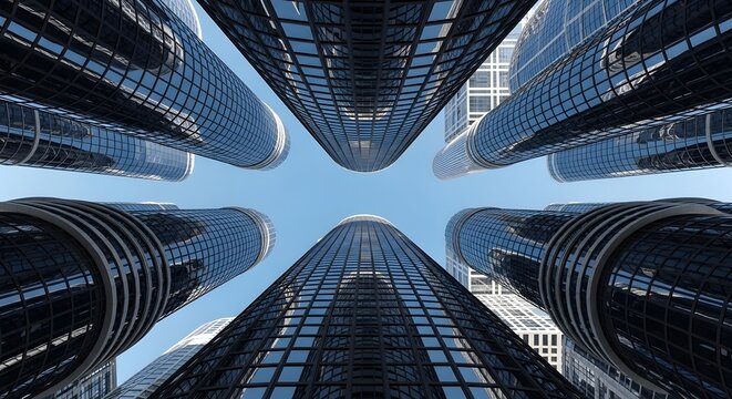 Dense Cluster of Modern Glass Skyscrapers Viewed from Below