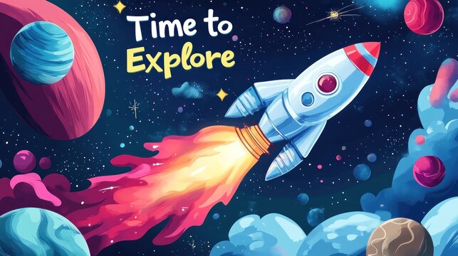 Space Theme Retirement Banner - rocket launch, galaxy backdrop, "Time to Explore" quote