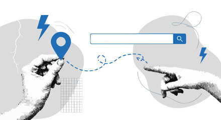 Conceptual illustration of local search, connecting a physical map pin to a digital search bar for discovery.