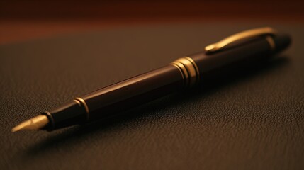nib. Elegant fountain pen resting on a textured surface, captured from an overhead angle with warm lighting for a sophisticated look. lifestyle magazines.