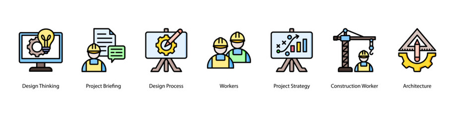 Creative Development web banner icon vector illustration featuring Design Thinking, Project Briefing, Design Process, Workers, Project Strategy, Construction Worker, and Architecture.