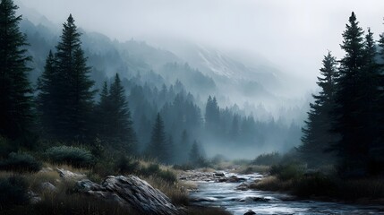 Misty mountain valley landscape with a serene forest and a flowing stream in soft natural light