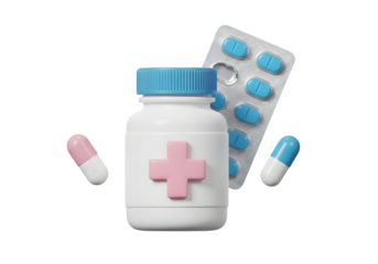 Image of super premium transparent photo of a white medicine bottle with a pink cross and a blue cap, surrounded by scattered pills and a blister pack, isolated on transparent background
