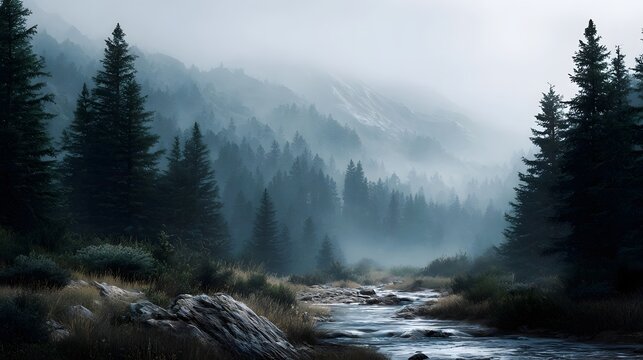 Misty mountain valley landscape with a serene forest and a flowing stream in soft natural light - Powered by Adobe