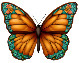 Elegant orange butterfly with decorative turquoise wings in nature inspired design. This graceful insect illustration is beautiful clipart element for decor projects