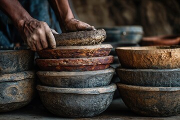 Hands Carefully Stacking Earthenware Bowls Rustic Workshop Setting