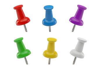 Image of super premium transparent photo of a collection of six colorful push pins in red, blue, purple, green, yellow, and white, isolated on a transparent background