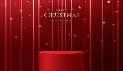 Podium shape for show cosmetic product display for christmas day or new years. Stand product showcase on red background with lighting christmas. vector design.