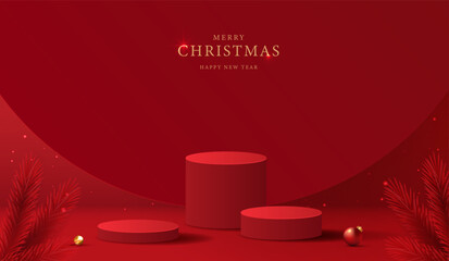 Podium shape for show cosmetic product display for christmas day or new years. Stand product showcase on red background with lighting christmas. vector design.