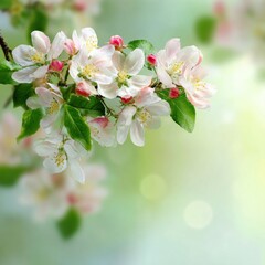 Apple Blossom Branch with Flowers and Buds on Bokeh Background.