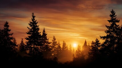 A dramatic and peaceful sunset illuminates the sky with golden and orange hues behind a silhouette of a dense forest