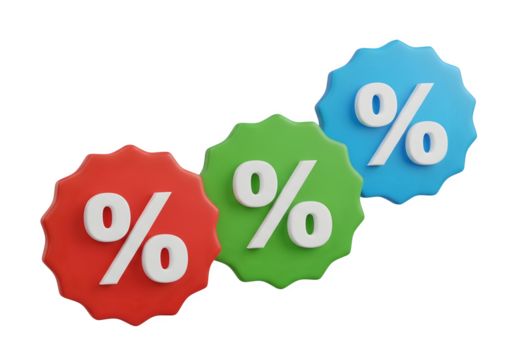 Image of super premium transparent photo of three colorful 3d starburst shapes with percentage signs on them, representing discounts, sales, or special offers, isolated on transparent background