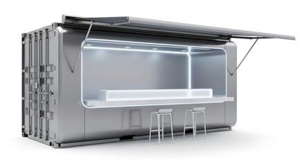 Modern Metallic Shipping Container Converted into a Sleek Pop-Up Bar on a White Background.