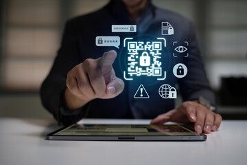 Digital security concept with hand pointing at glowing QR code icon surrounded by cyber protection symbols