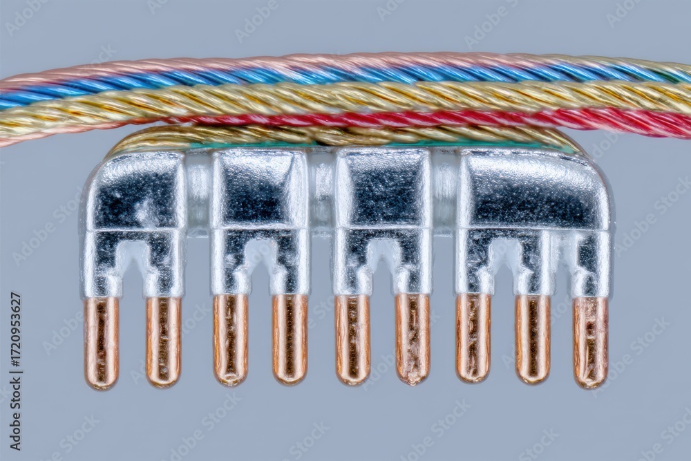 Poster close-up view of computer connector pins showcasing intricate detail and metallic shine conveying te