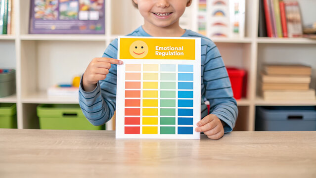 Neurodiversity concept ,Emotional regulation chart held by child showing color coded mood scale with smiley and classroom