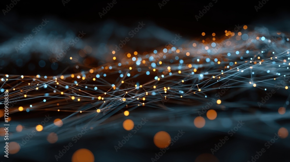 Poster an abstract representation of data waves with glowing nodes, showcasing the beauty of technology and
