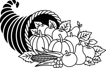 Abundant harvest overflowing from a decorative cornucopia, symbolizing autumn's bounty and Thanksgiving.