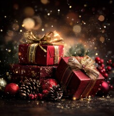 Festive Christmas Presents with Gold Ribbons and Decorations.