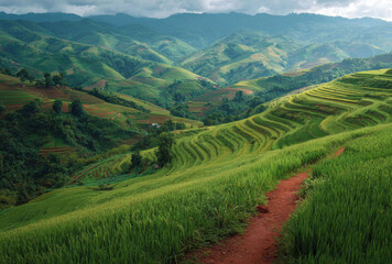 Rice Terraces in Mu Cang Chai, Vietnam with Woman and Umbrella