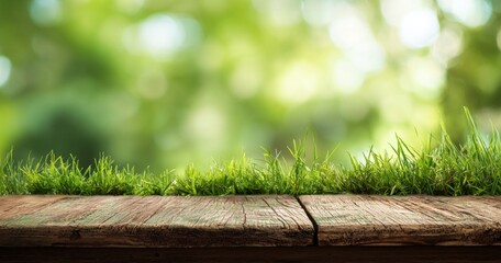 Wooden Table and Green Grass in Spring Background