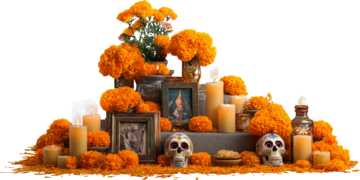 Day of the Dead Altar with Candles and Marigolds