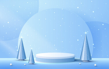 Podium shape for show cosmetic product display for christmas day or new years. Stand product showcase on blue background with lighting christmas. vector design.