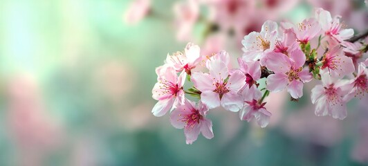 Cherry Blossom Branch with Pink Flowers and Bokeh Background.