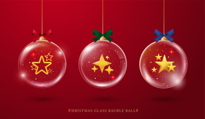 Christmas glass bauble balls, realistic on red background. glass globe stands for Christmas and New Year winter holiday, crystal baubles decoration with snow snowflakes. vector design.