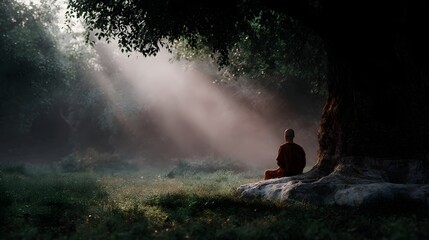 Buddhist monk meditating under a tree in soft morning light with sunbeams and mist