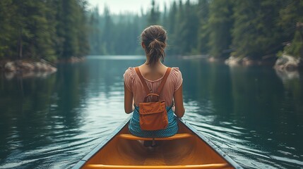 In Canadian Algonquin Park in summer, a woman in a pink top sits on the bow of an orange canoe with blue stripes and rows towards the camera
