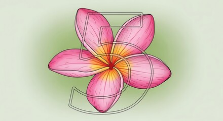 Fototapeta premium A beautiful plumeria flower, detailed and vibrant, is artfully composed as the numeral five, showcasing delicate petals and a soft color palette on a muted green background.