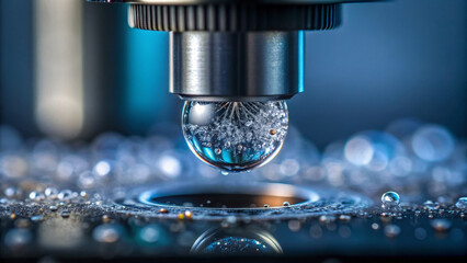 Microplastic and Contamination concept ,water droplet microscope showing synthetic crystal structure and blue reflection