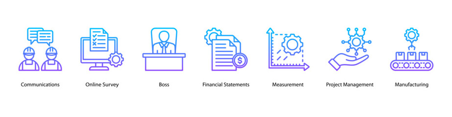 Workplace Communication web banner icon vector illustration featuring Communications, Online Survey, Boss, Financial Statements, Measurement, Project Management, and Manufacturing.