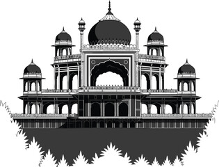 Historic Mughal architecture monument, black and white detailed cad drawing flat vector illustration, cultural heritage building design art