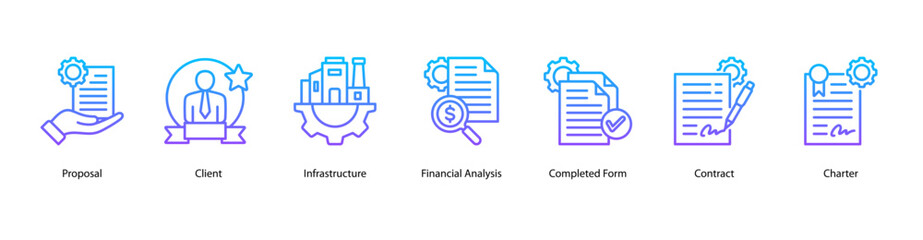 Project Execution web banner icon vector illustration featuring Proposal, Client, Infrastructure, Financial Analysis, Completed Form, Contract, and Charter.