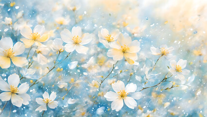 Abstract Botanical Scene with Light Blossoms and Blue Glow