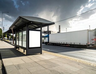 Urban Bus Stop with Blank Billboard Under Dramatic Sky